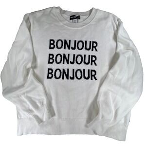 Karl Lagerfeld Paris Women’s Sweater Large White Bonjour Black Lettering Classic